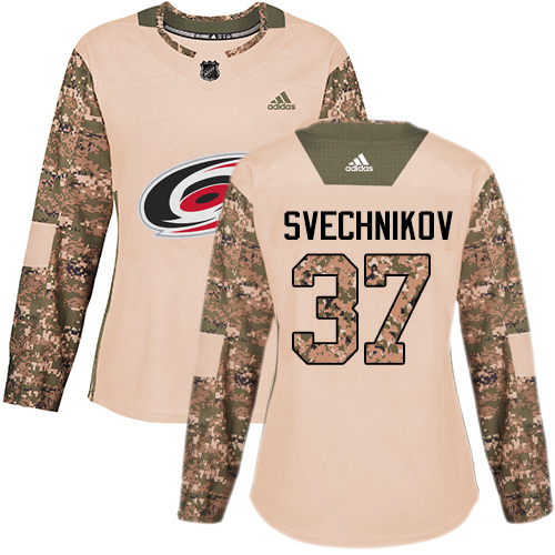 Adidas Hurricanes #37 Andrei Svechnikov Camo Authentic 2017 Veterans Day Women's Stitched NHL Jersey